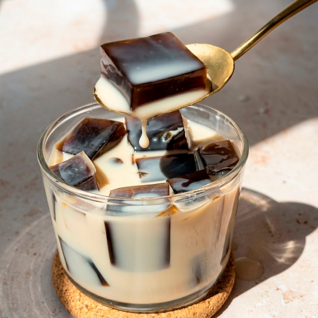 Coffee jelly cubes in cream inside a glass, gold spoon lifting one cube dripping with cream